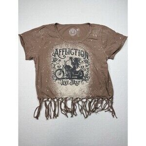 Affliction Live Fast Graphic Fringe Tee Women’s 2X Large Brown Cropped T-Shirt